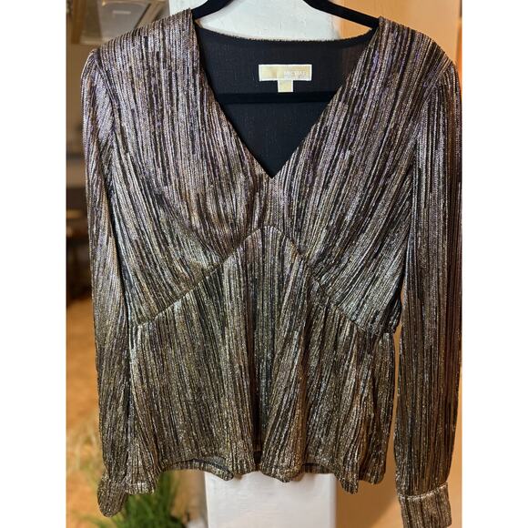 Michael Kors Women's Metallic Plisse Peplum Top Size Large 8-12 - Picture 2 of 4